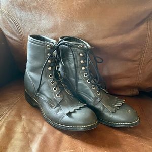 Justin Junior Gray LEATHER Ankle Cowboy Western Lace-Up Roper Boot Kids Size 4B.